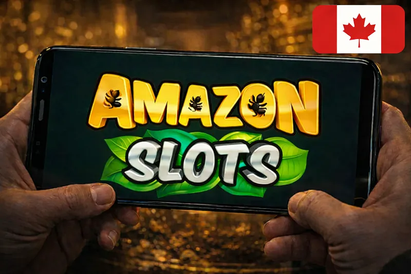 Amazon Slots Casino Canada homepage with mobile slots, promo codes and real money play